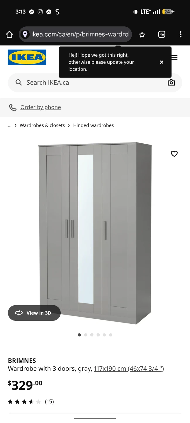 IKEA BRIMNES Wardrobe with 3 doors, Gray