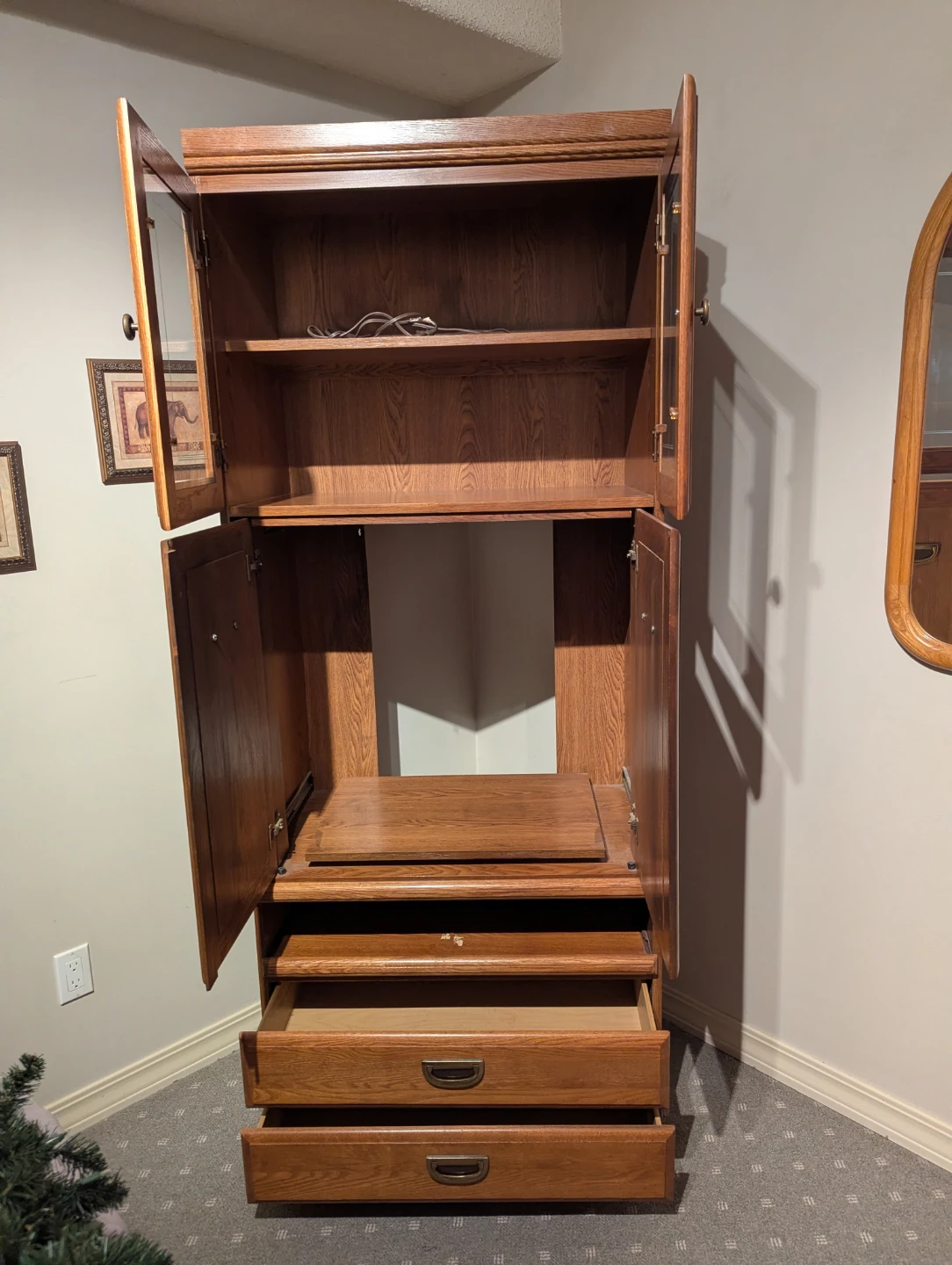 Wooden Armoire with Glass Doors with plug in light on back - photo 2