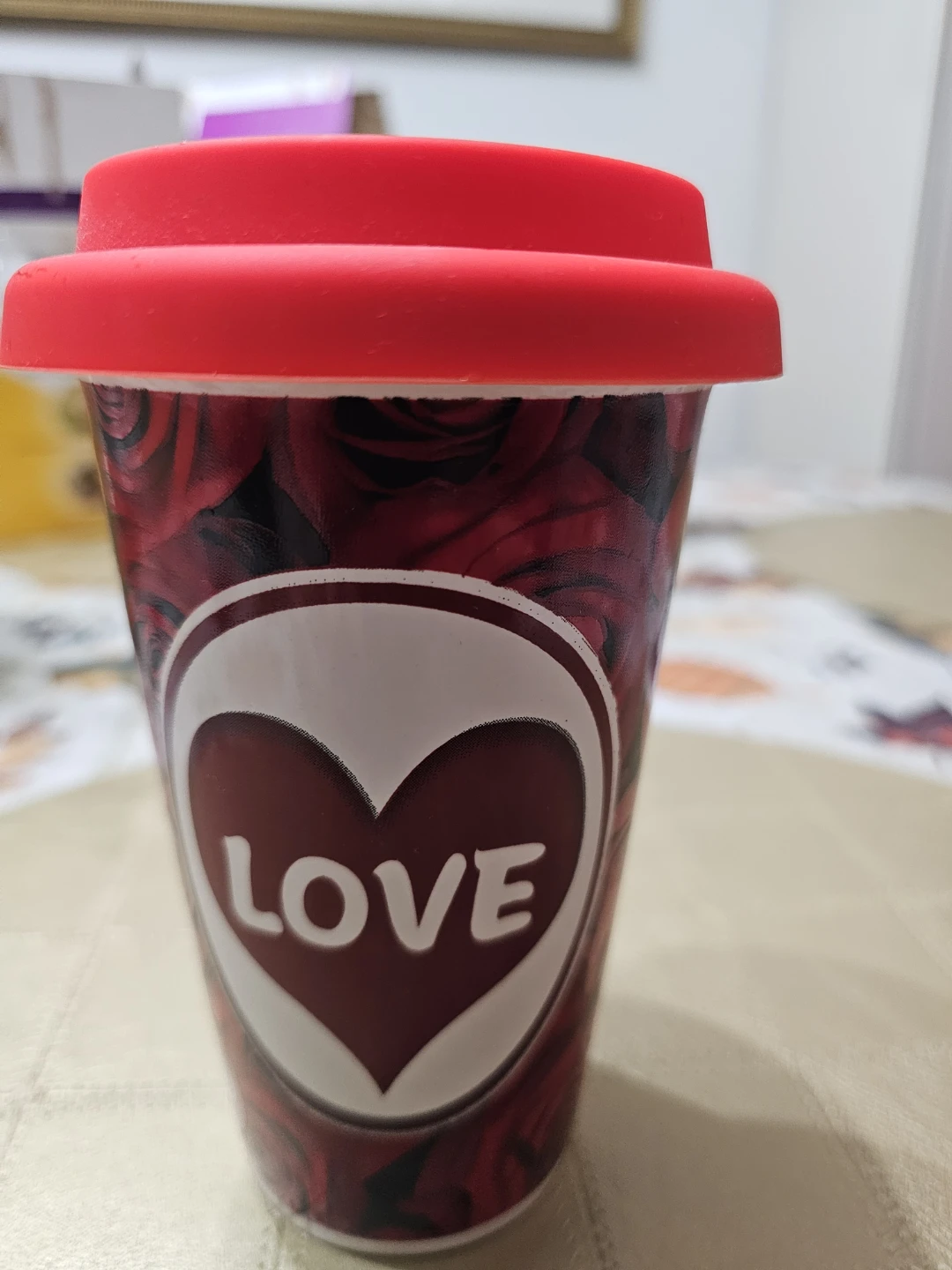 Mug with Red Lid - Love Rose Design