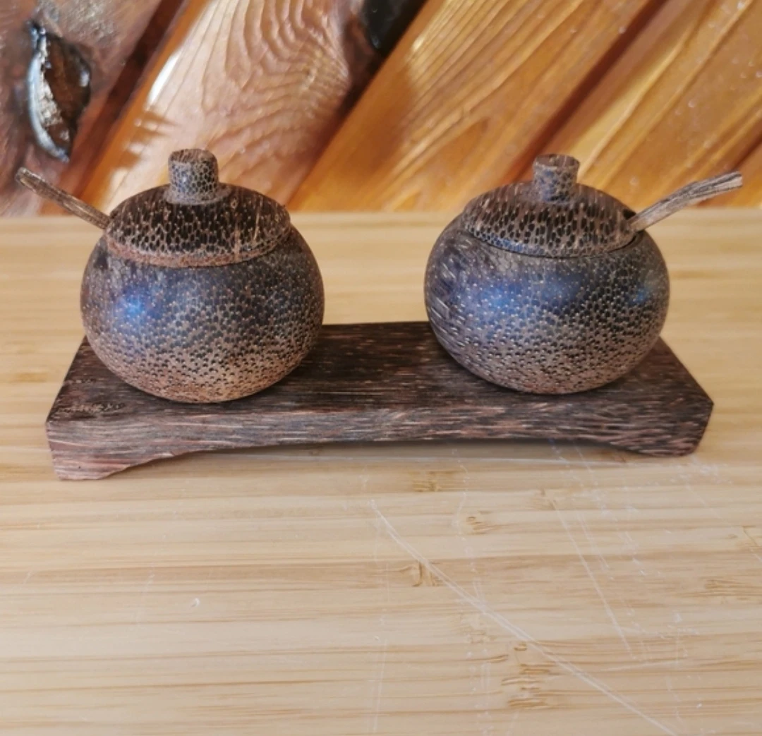 Wooden Salt and Pepper Bowls with Spoons