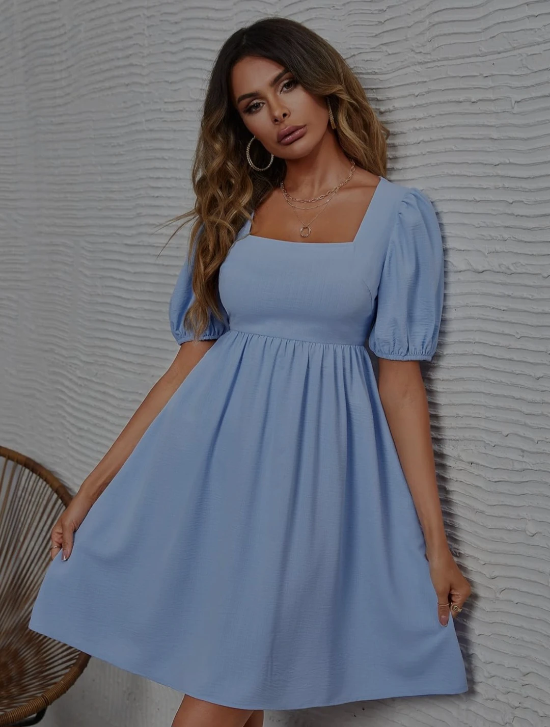 Light Blue Puff Sleeve Mini Dress