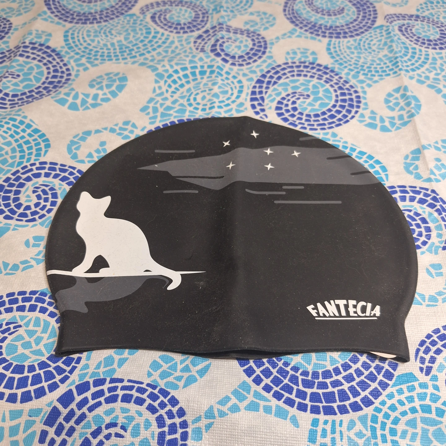 FANTECIA Black Silicone Swim Cap with Cat Design