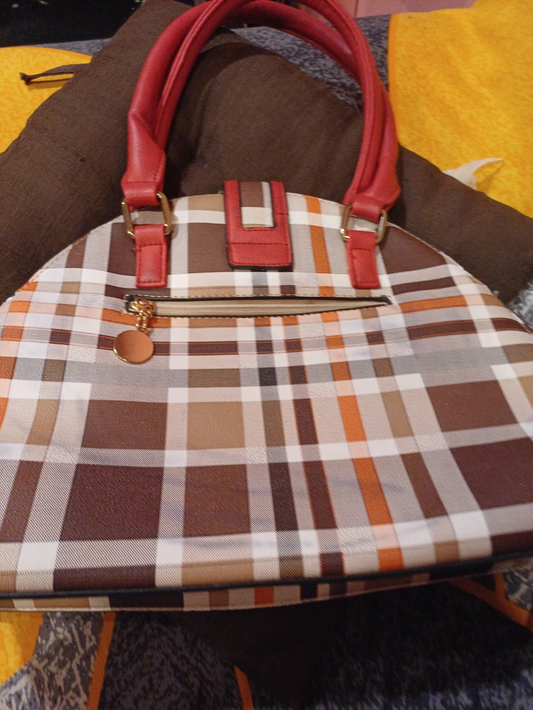 Plaid Pattern Handbag with Red Handles,🥕 - photo 3