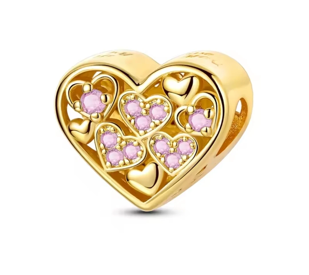 Gold Heart Charm with Pink Stones