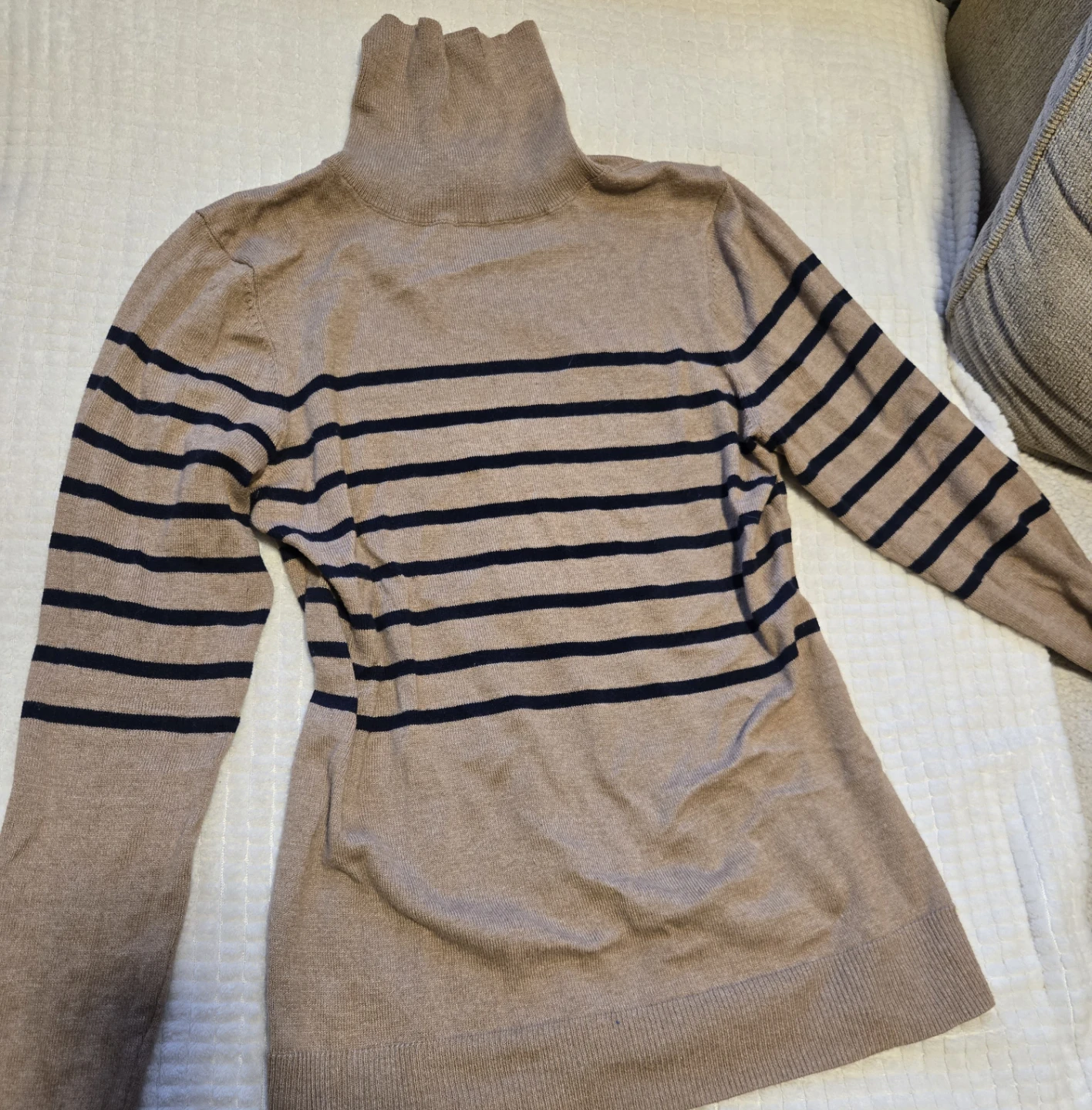 Women's Striped Turtleneck Sweater - Tan & Navy