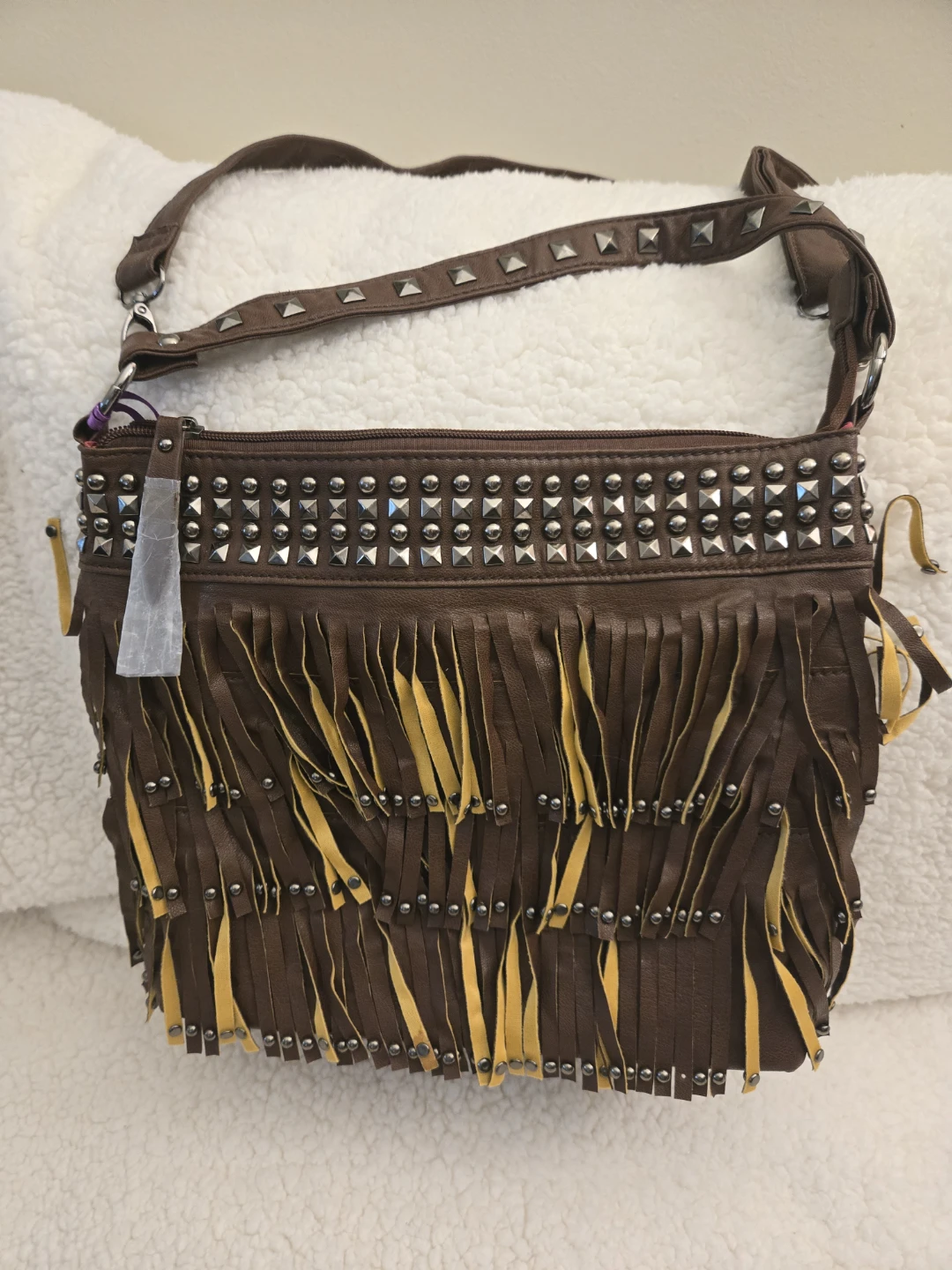 Brown Fringed Studded Crossbody Purse