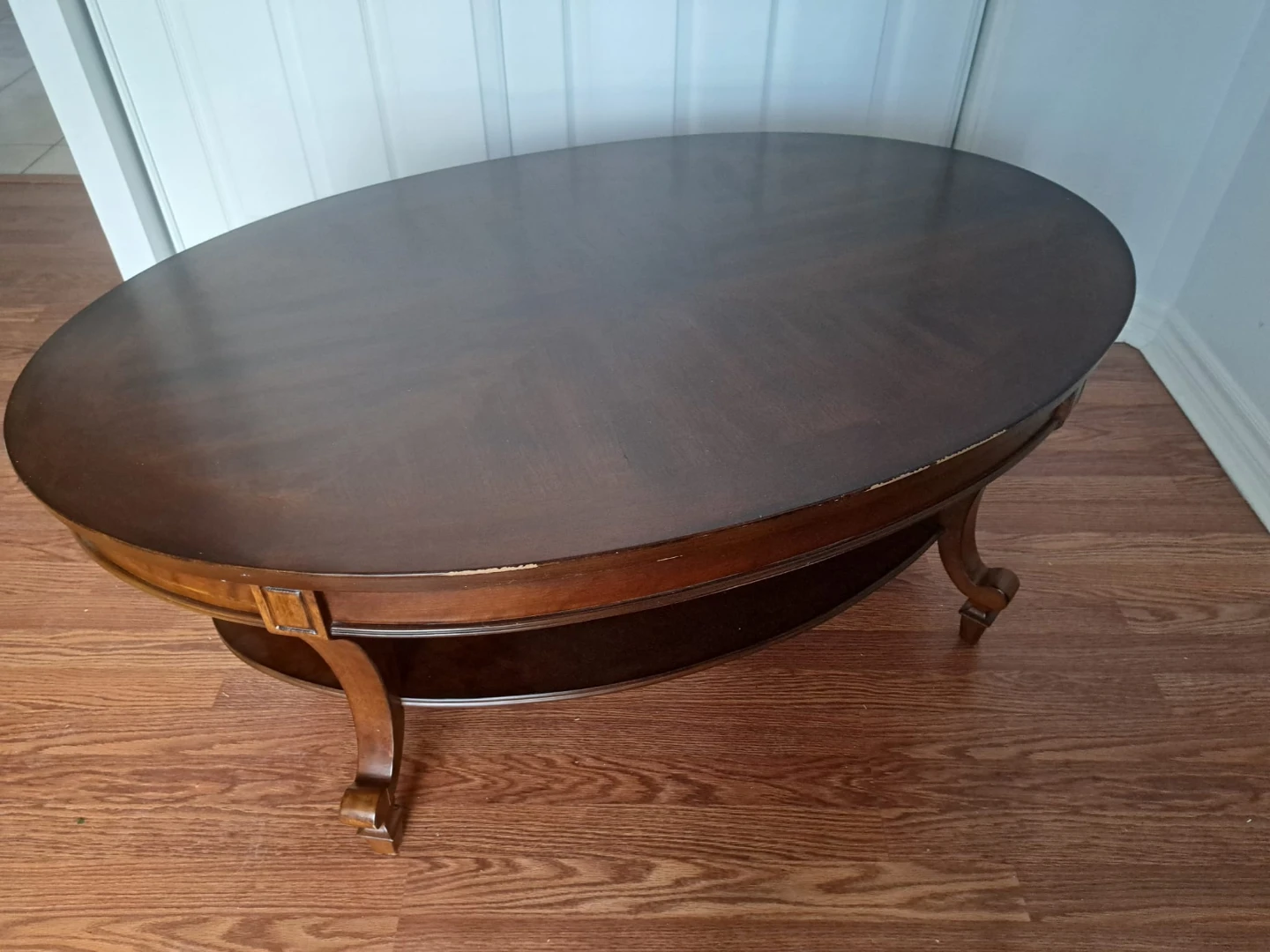 Dark Wood Oval Coffee Table with Lower Shelf