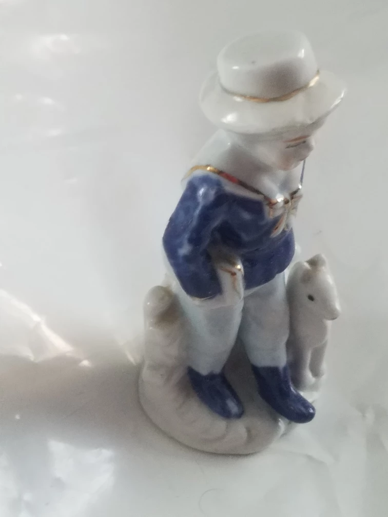 Vintage Blue White Porcelain Boy In Sailor Suit With Dog - photo 2