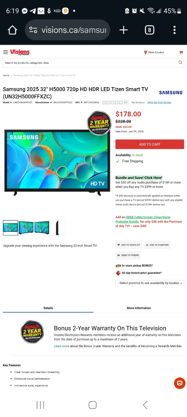 Samsung 32" Tizen Smart TV UN32H5000FXZC