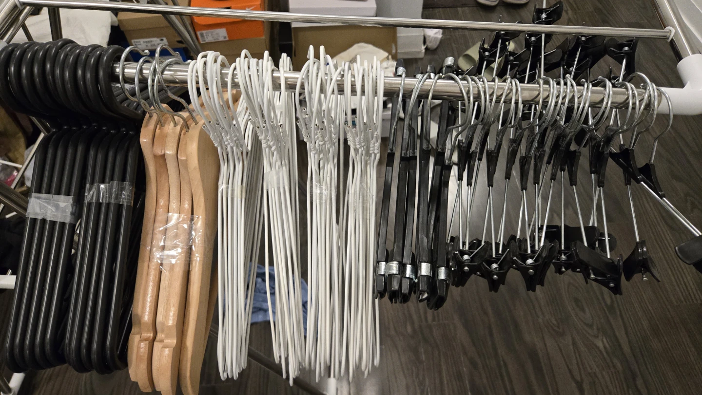 Clothes Hangers: Black, White, Wood