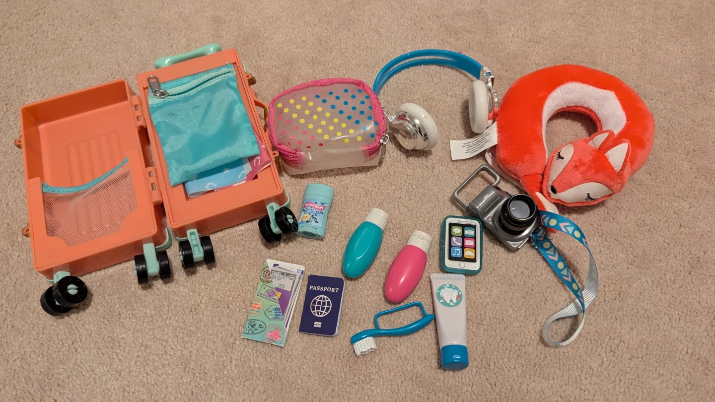 Doll Travel Set - Suitcase, Headphones, Pillow & More!