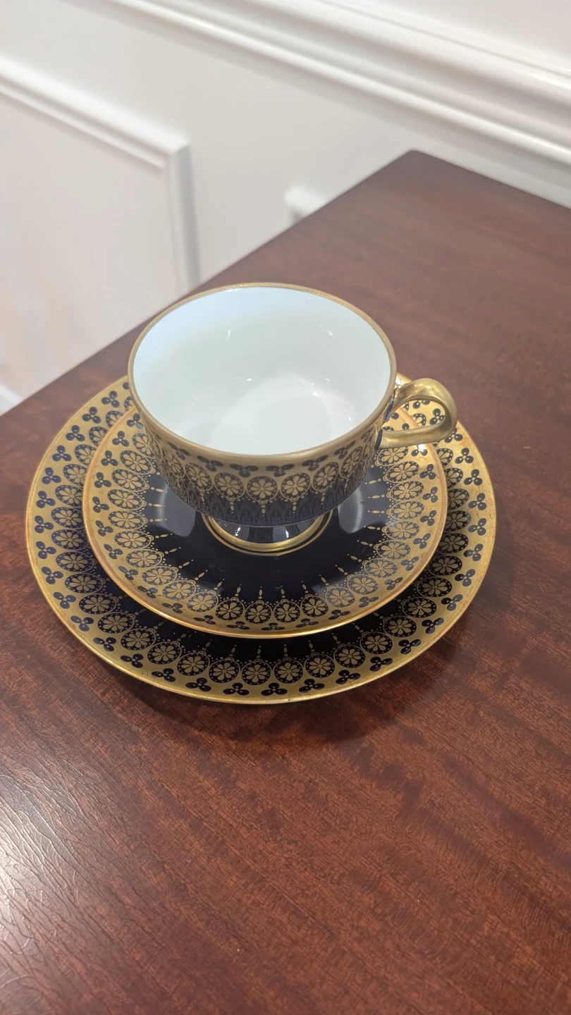 Vintage Cobalt Blue and Gold Tea Cup, Saucer, and Plate Set