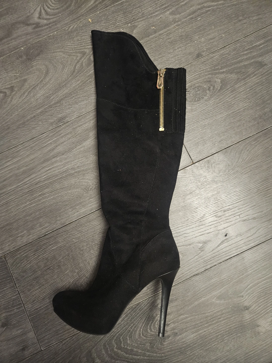 Black Faux Suede High Heel Boots with Side Zipper