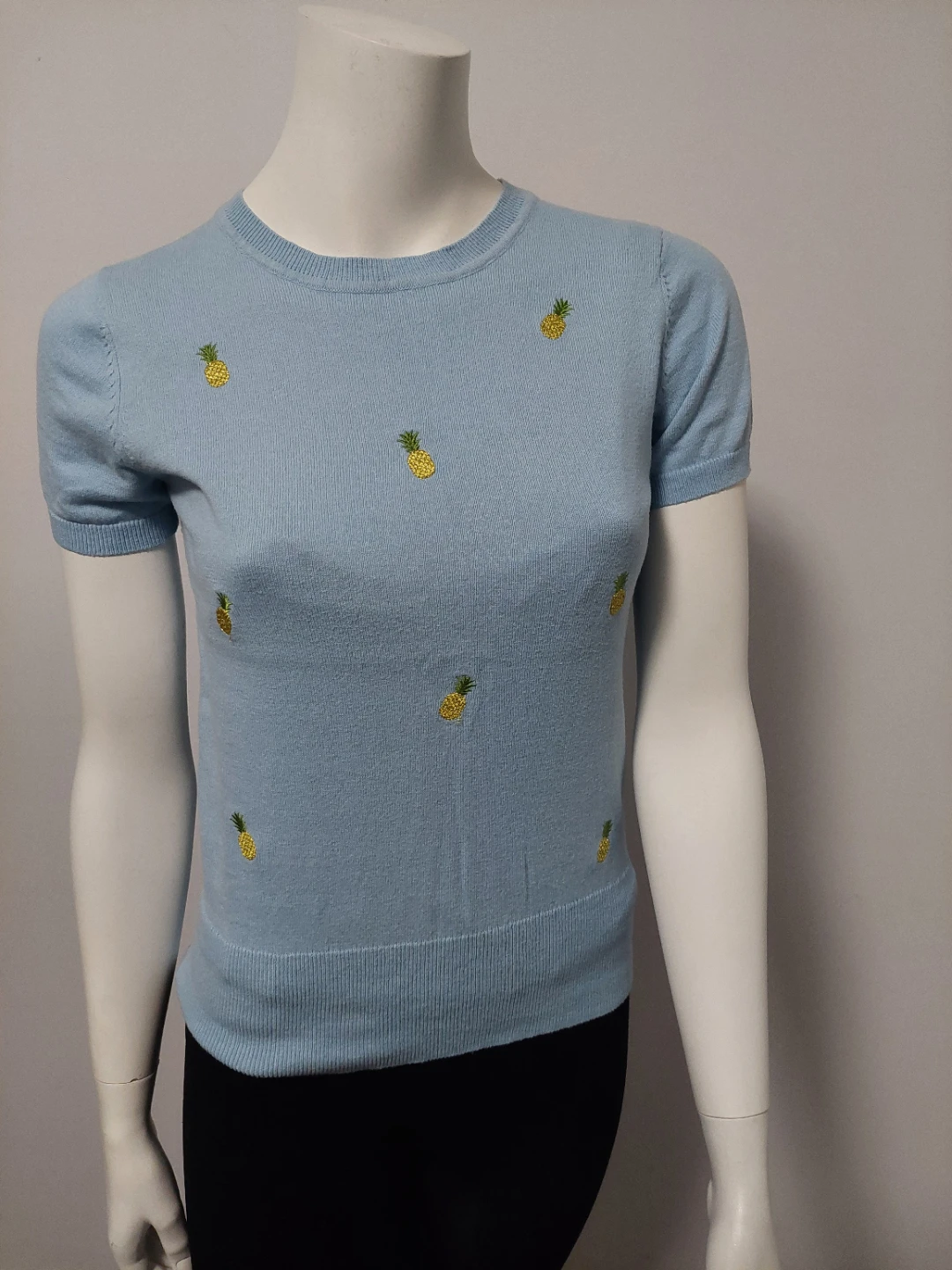 Light Blue Knit Top with Pineapple Embroidery Cotton XS - photo 2