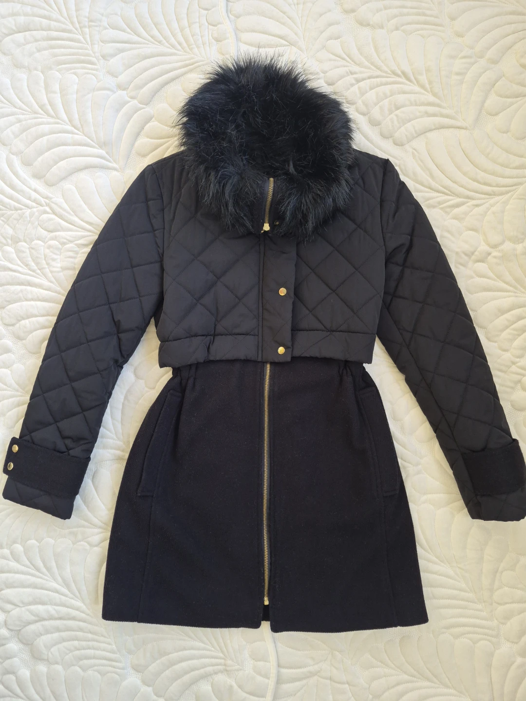 3 Rooms Black Quilted Faux Fur Collar Coat - photo 2