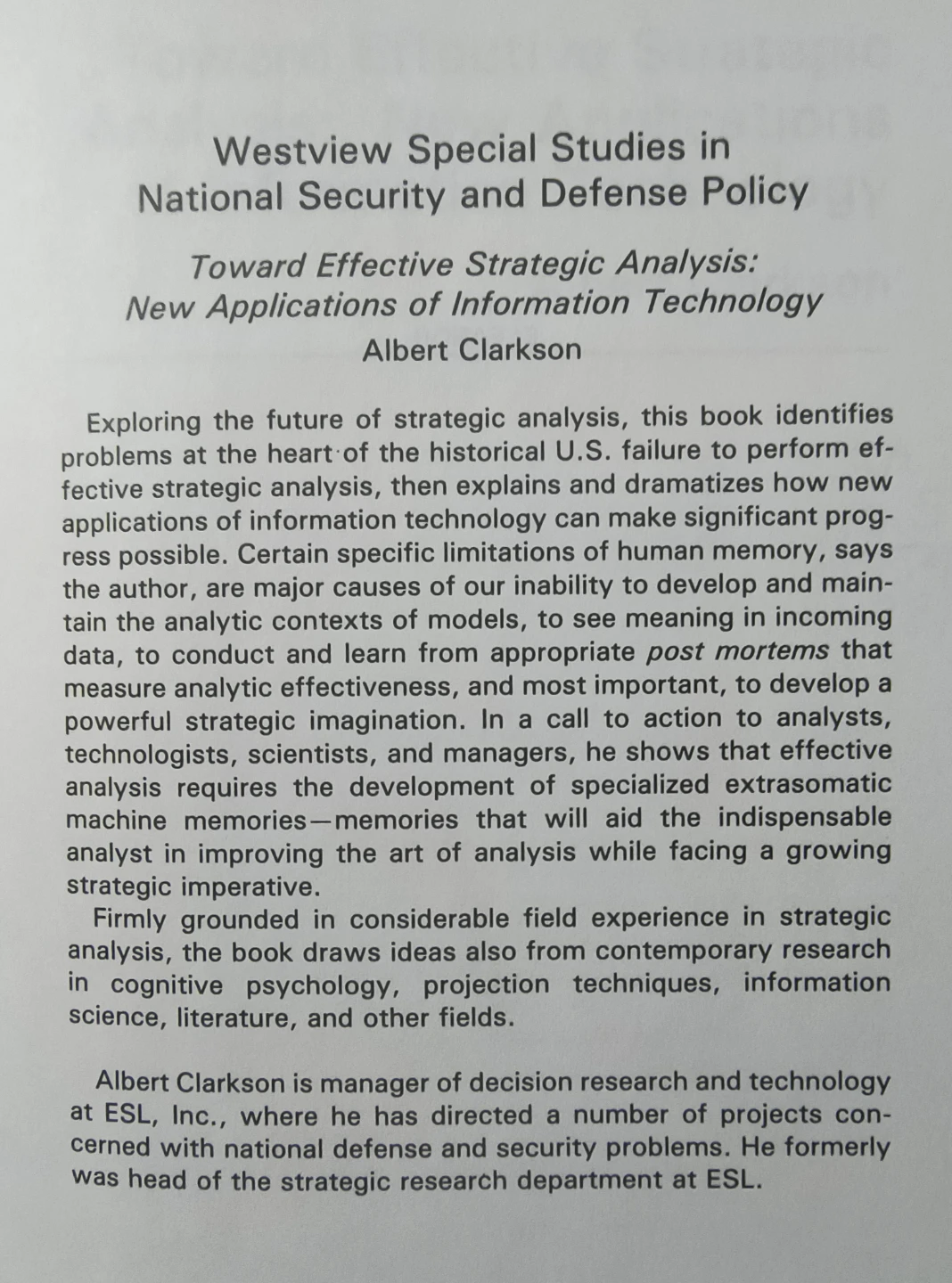 Toward Effective Strategic Analysis - Albert Clarkson, 1981. - photo 2