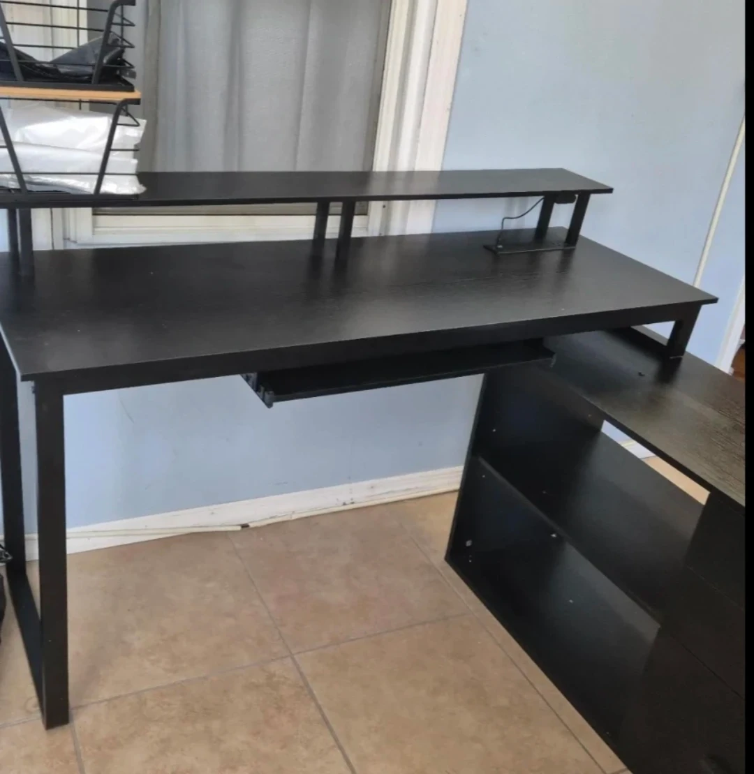 Black L-Shaped Gaming Desk with LED Lights