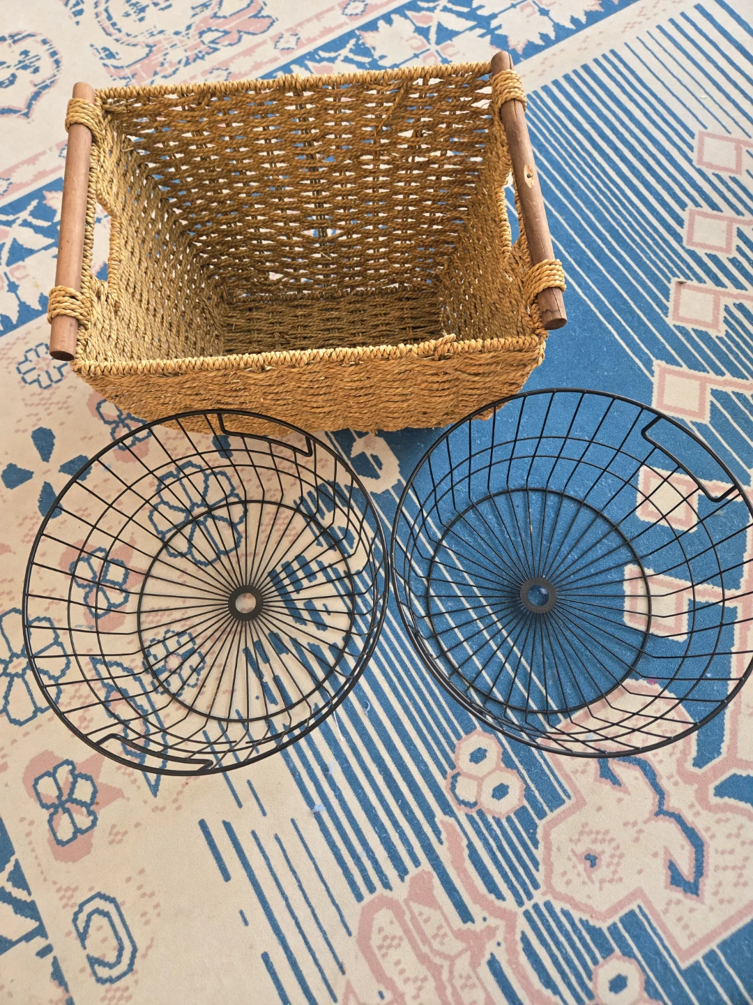 Woven Basket with Wood Handles and Two Wire Baskets