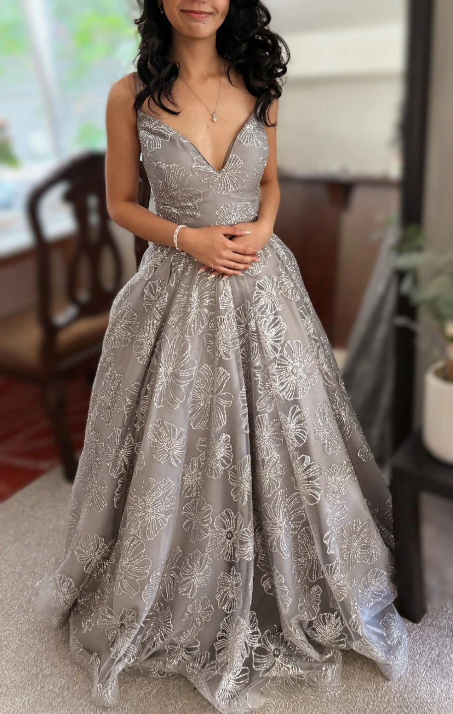 Elegant Grey Floral Prom Dress