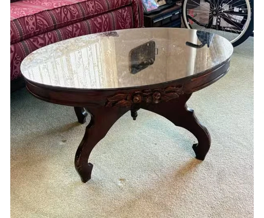 Oval Coffee Table with Mirrored Top and Carved Wood Base - photo 3