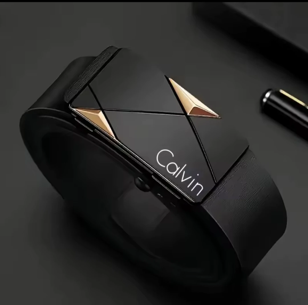 Calvin Klein Black Leather Belt with Geometric Buckle