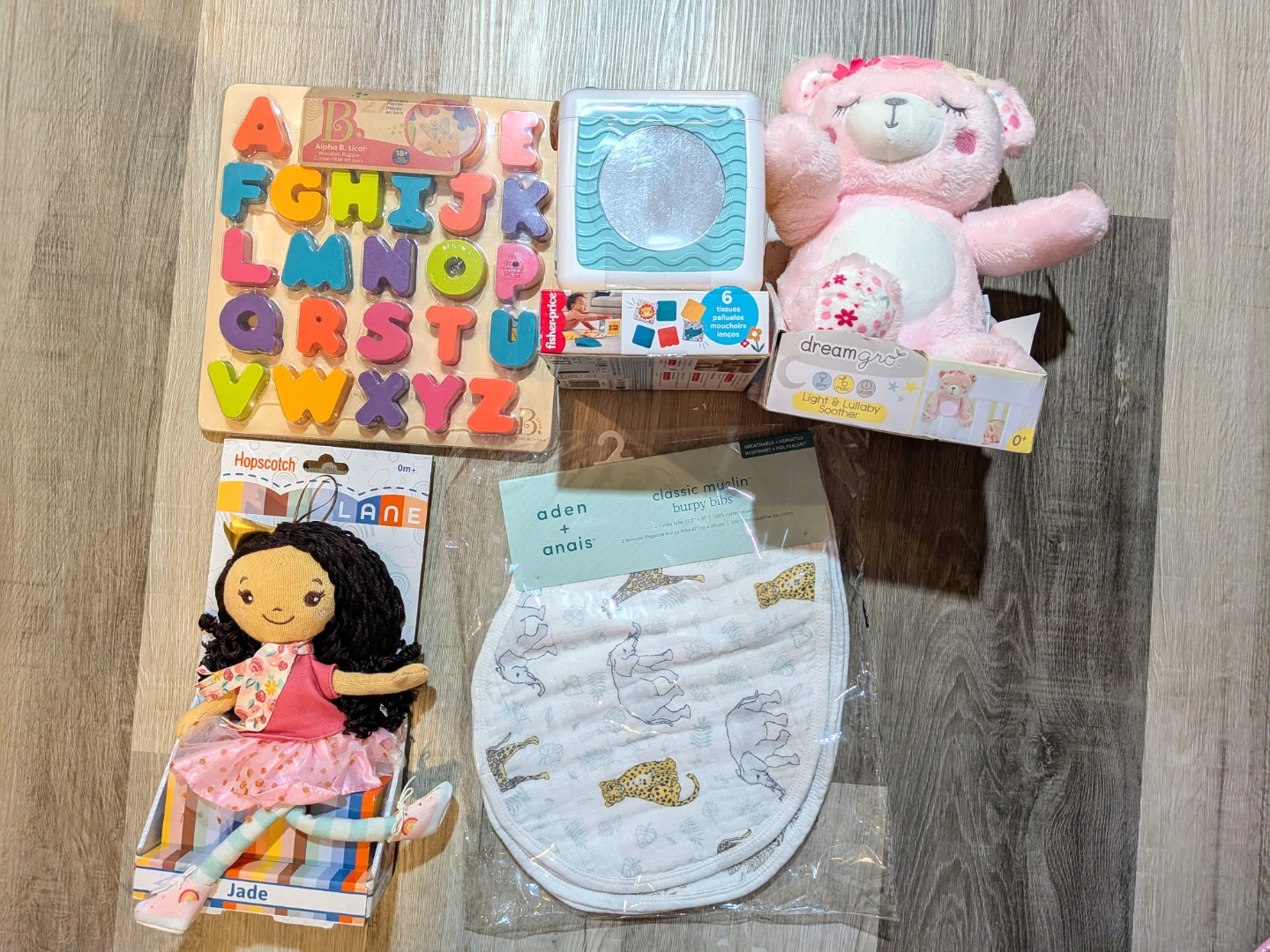 Baby Bundle puzzle, tissue box, Dreamgro soother, bibs