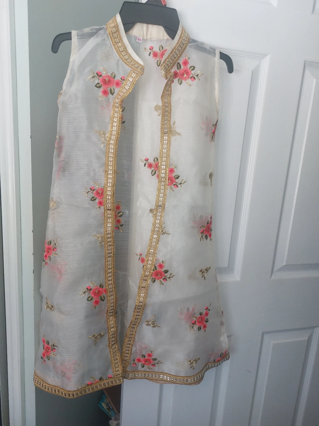 Cream Dress with Floral Overlay and Red Belt - photo 3