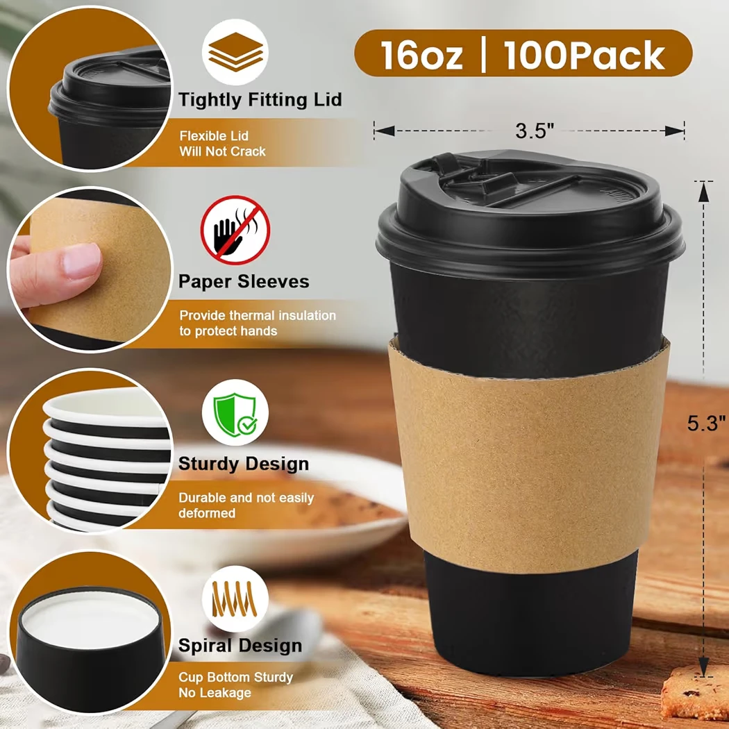 Lamosi 16oz Paper Coffee Cups with Lids and Sleeves - 100 Pack - photo 3