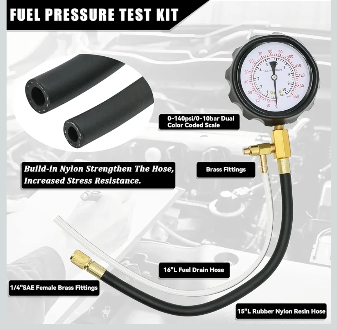Universal Fuel System Pressure Tester 0–140 PSI, Car, Motorcycle - photo 4