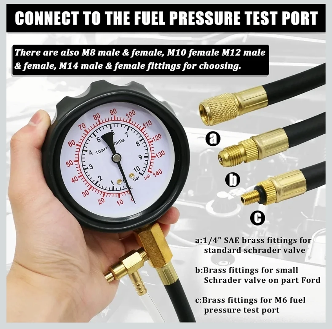 Universal Fuel System Pressure Tester 0–140 PSI, Car, Motorcycle - photo 5