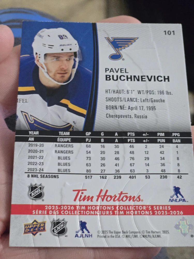 Pavel Buchnevich 2025-2026 Tim Hortons Upper Deck Hockey Card - photo 2