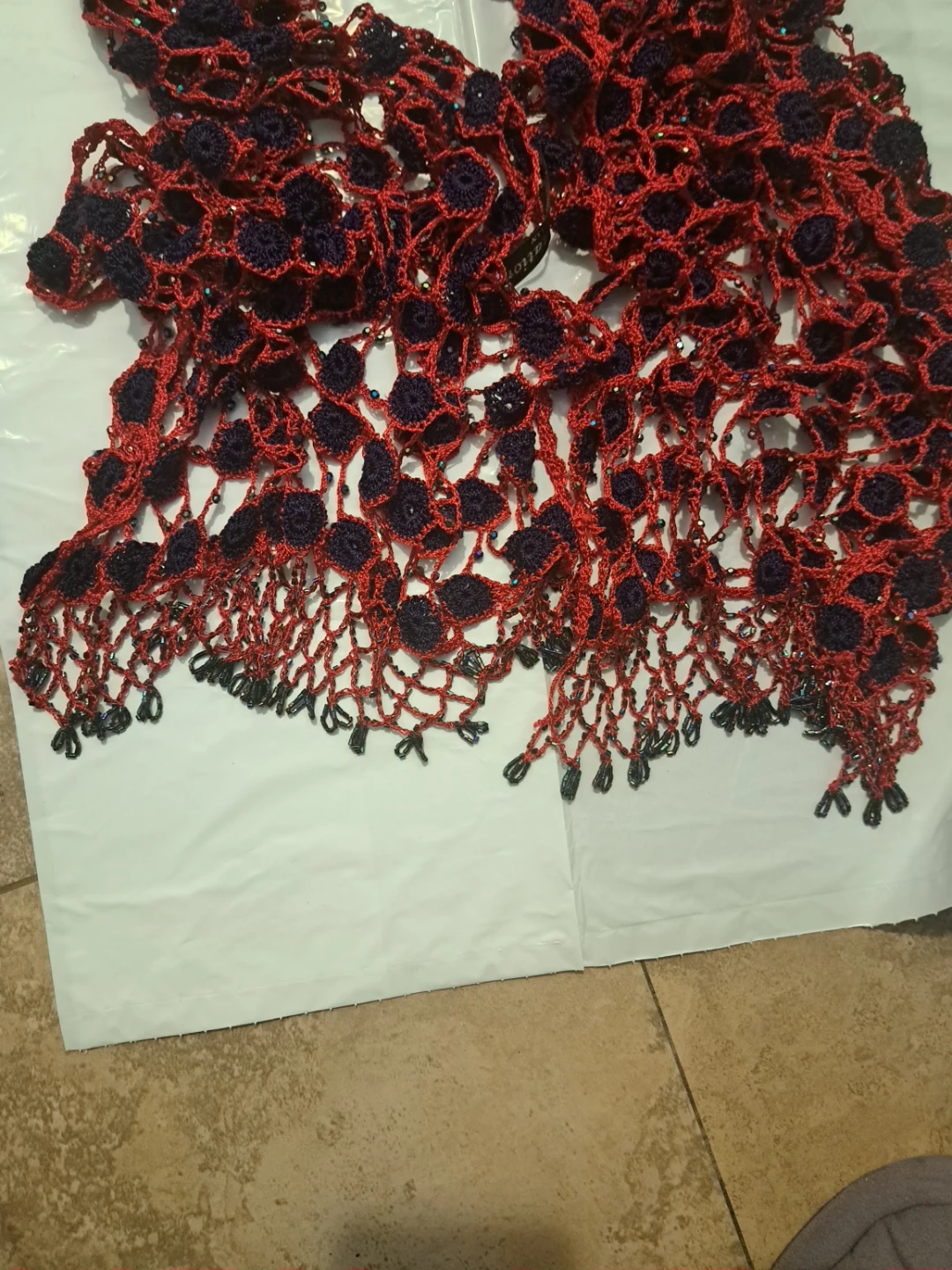 Red and Navy Blue Crocheted Scarf with Beads - photo 3