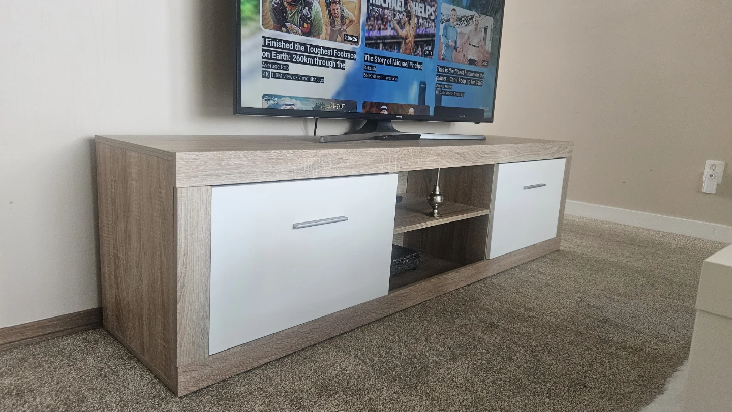 Modern TV Stand with 2 Drawers and Shelf - Light Wood & White - photo 3