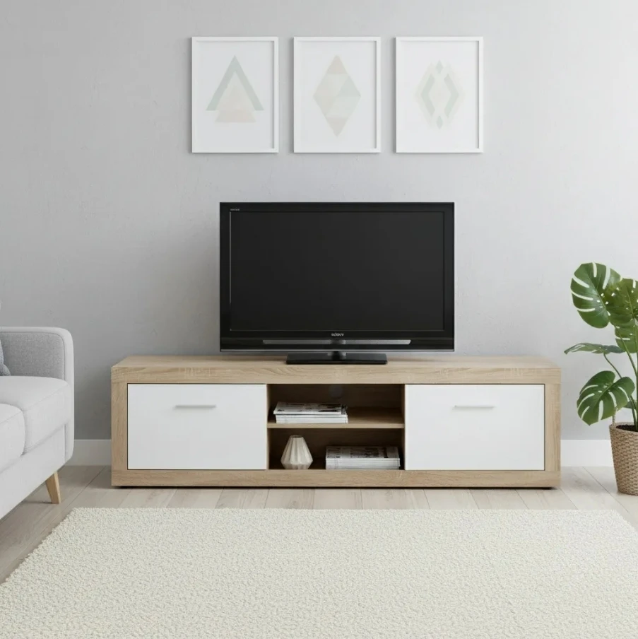 Modern TV Stand with 2 Drawers and Shelf - Light Wood & White - photo 5