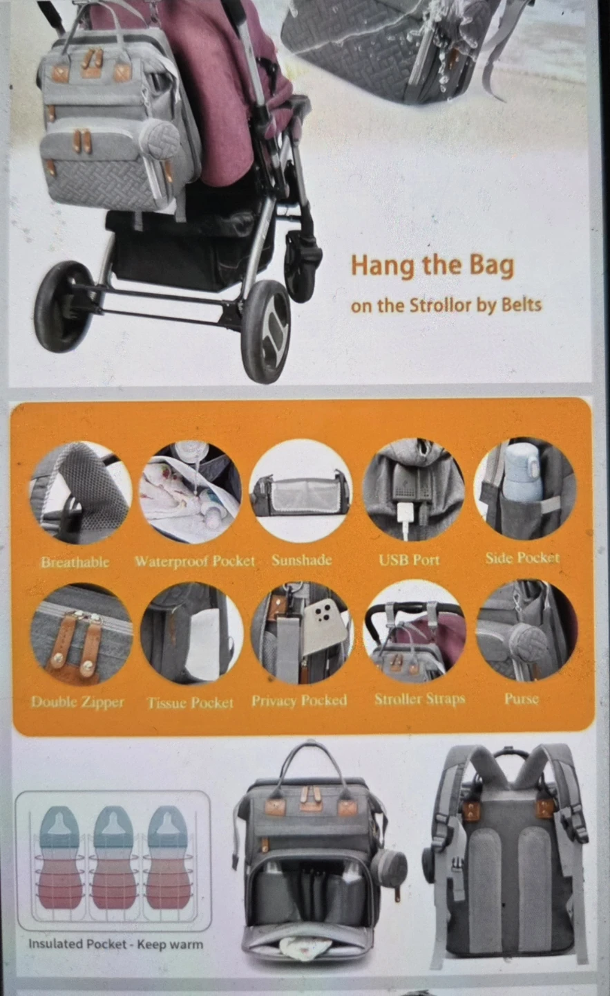 New Gray Diaper Bag Backpack with Bassinet - photo 5