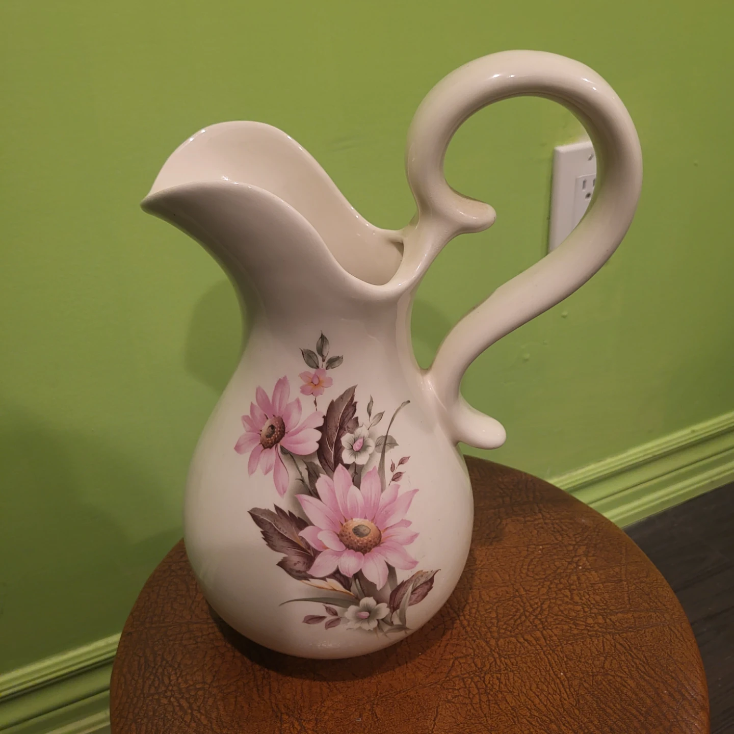 Vintage White Ceramic Pitcher with Pink Flowers