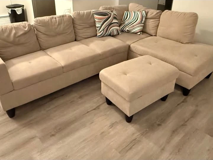 Beige Sectional Sofa with Ottoman