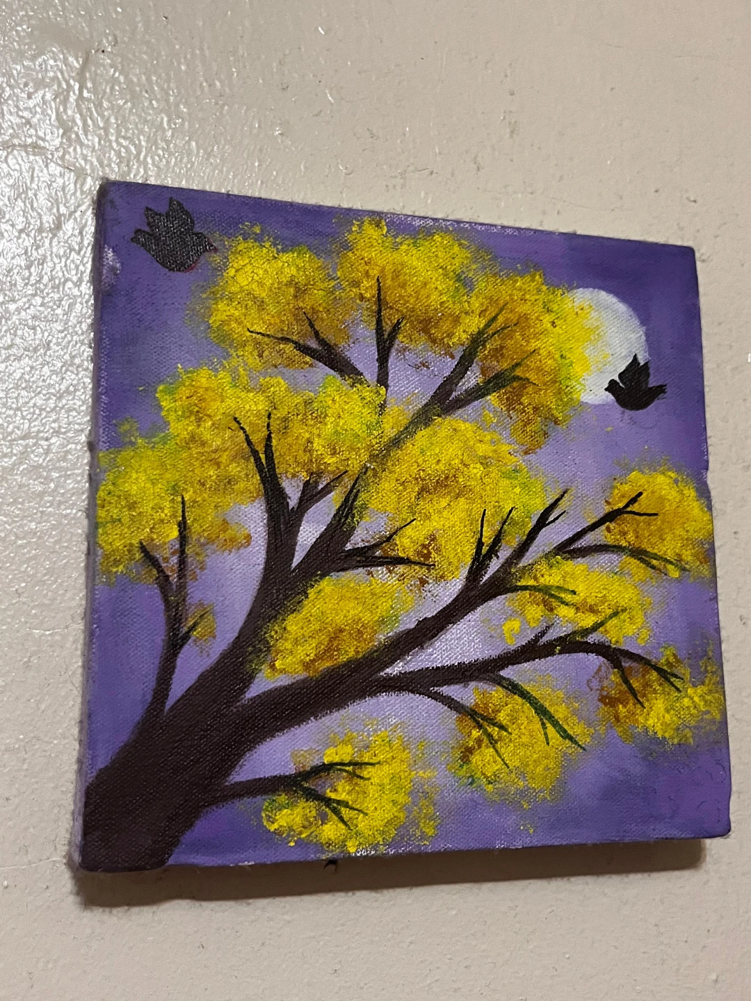 Small Canvas Painting of Yellow Tree with Birds - photo 2