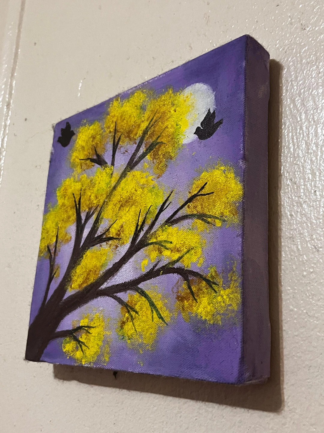 Small Canvas Painting of Yellow Tree with Birds - photo 3