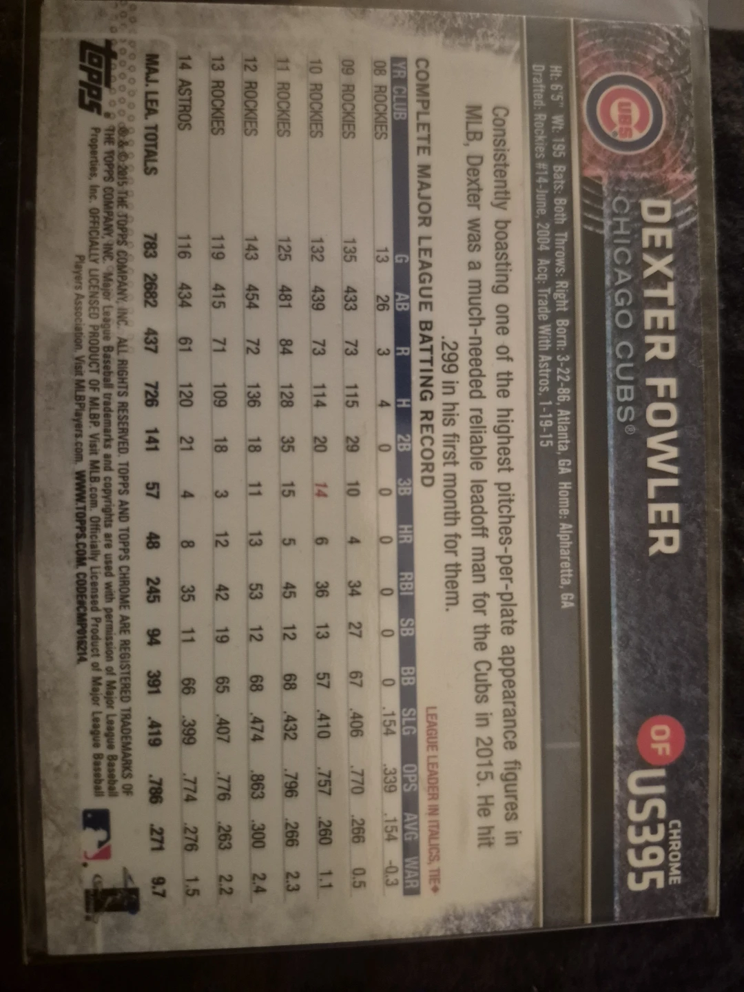 2015 Topps Chrome Dexter Fowler Chicago Cubs Baseball Card US395 - photo 3