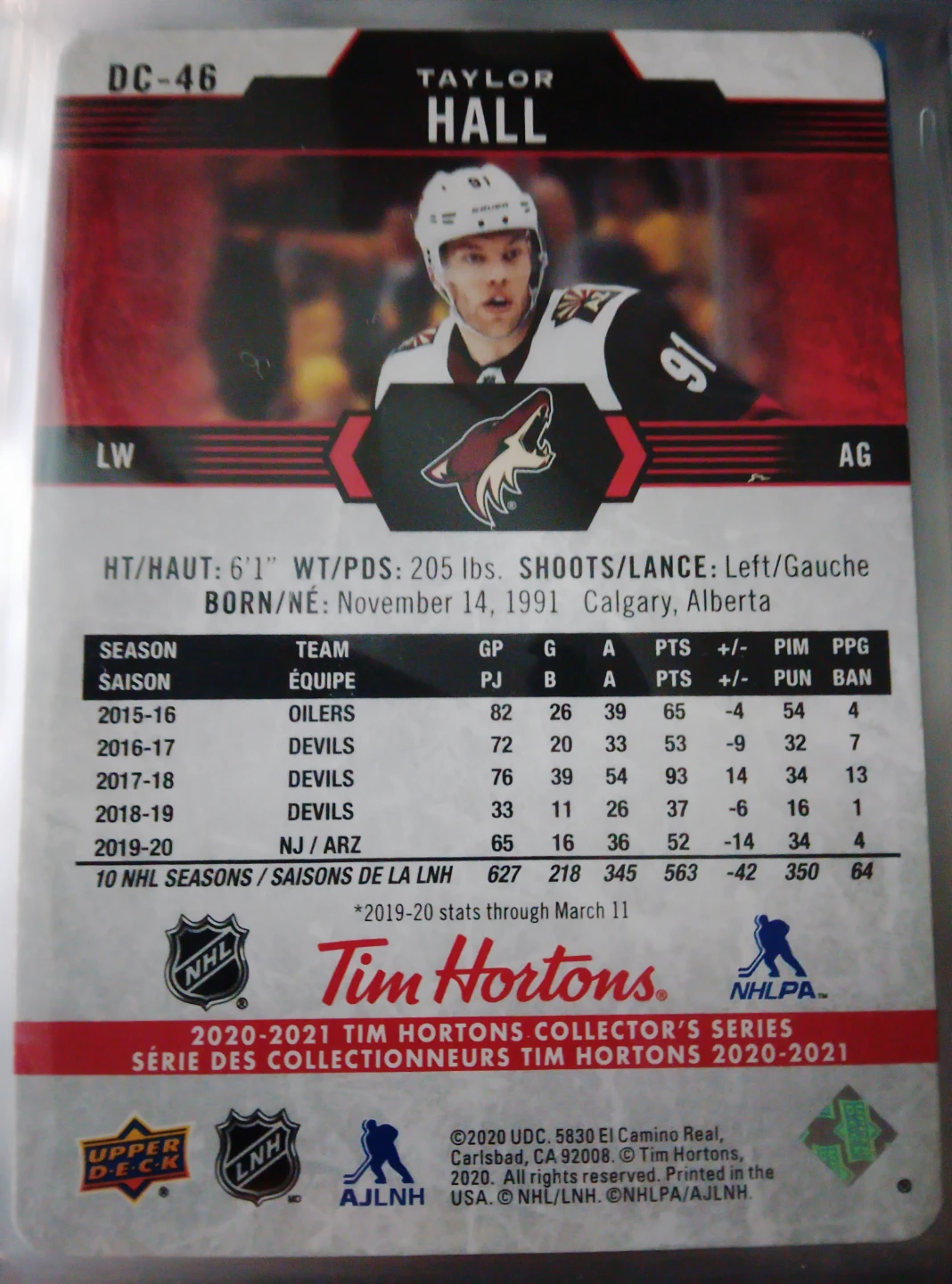 Taylor Hall Hockey Card - Tim Hortons 2020-2021 - photo 2