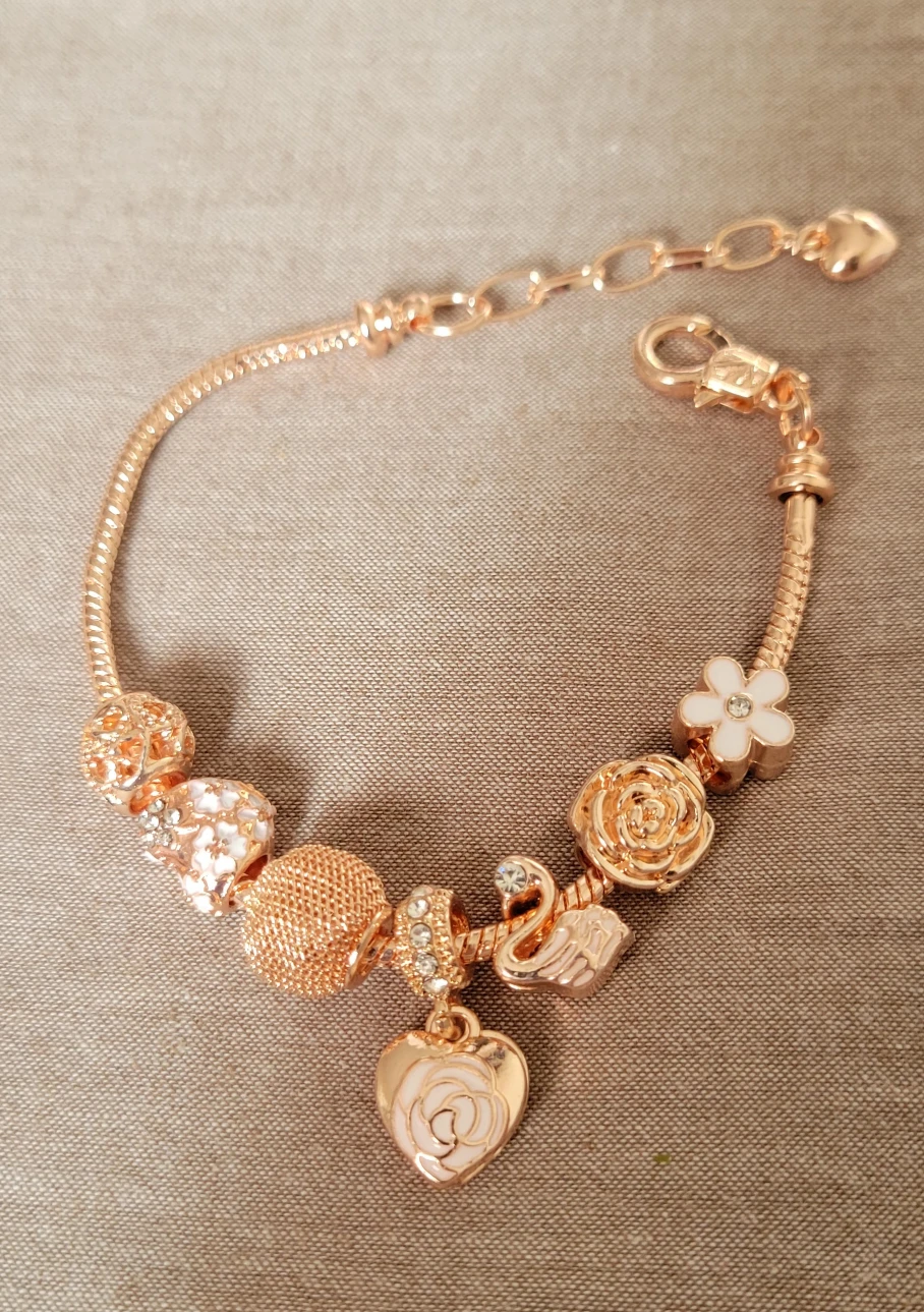 Rose Gold Charm Bracelet with Swan, Rose, and Heart Charms
