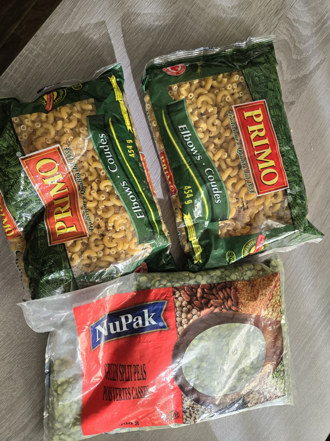 Primo Elbows Macaroni & NuPak Green Split Peas