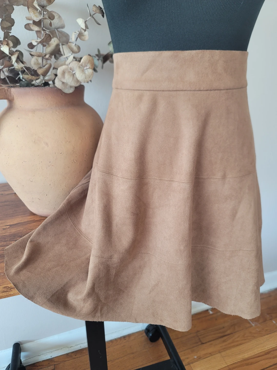 David Lerner Tan A-Line Skirt NWOT Faux suede Paneled Sz LRG
