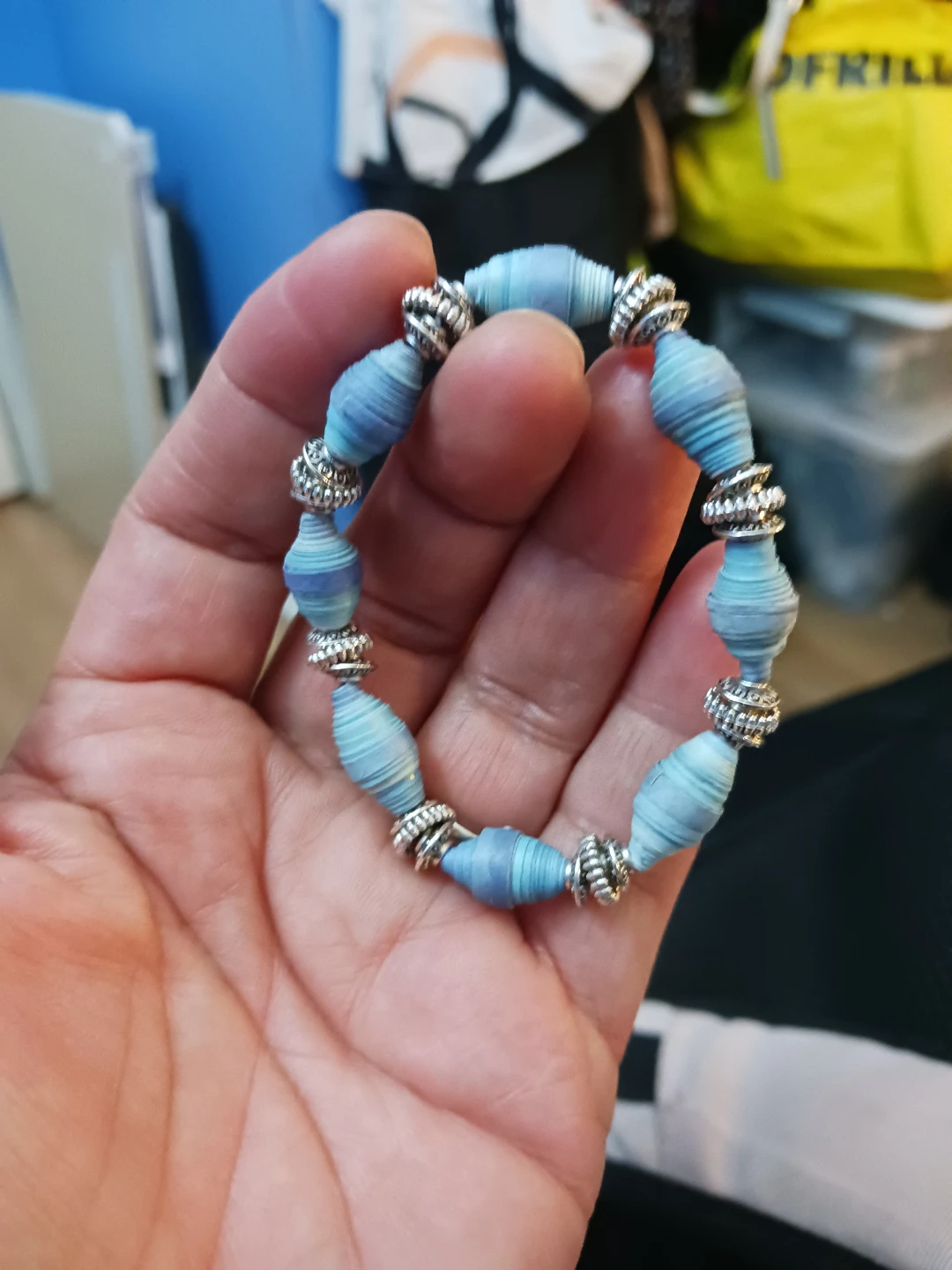 Handmade Paper Bead Bracelet - Blue & Silver