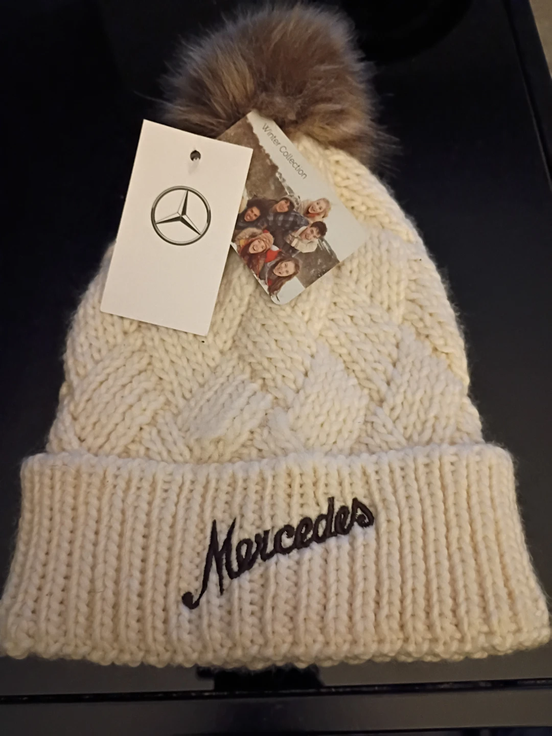 Mercedes-Benz Cream Knit Beanie with Pom-Pom
