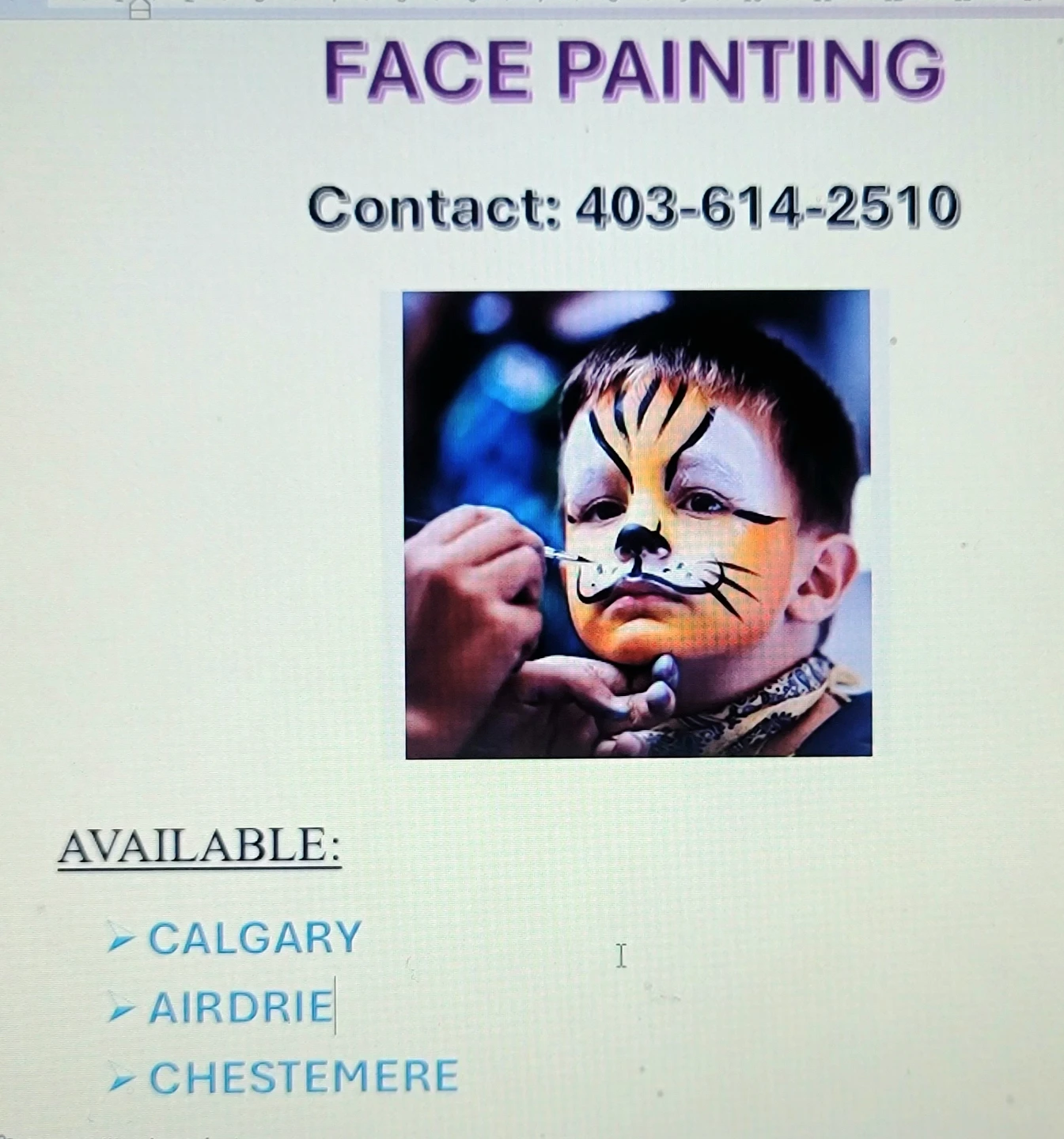 Facepainting fpr kids events