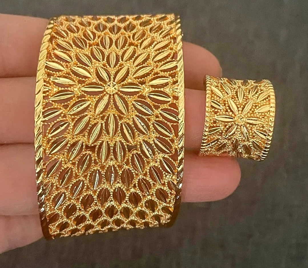 Gold Tone Filigree Cuff Bracelet and Ring Set