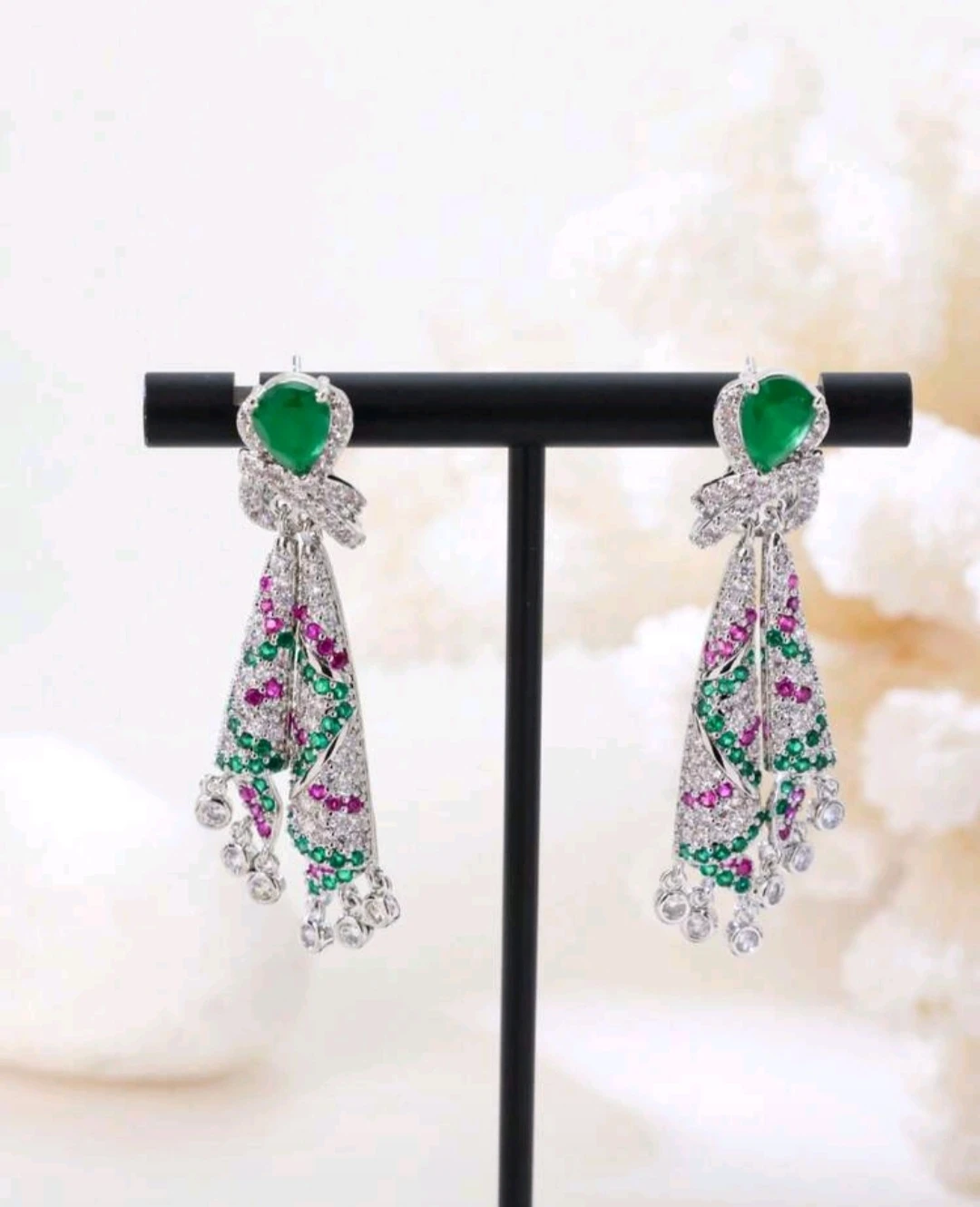 French High Quality Dangle Earrings with Green and Pink Stones