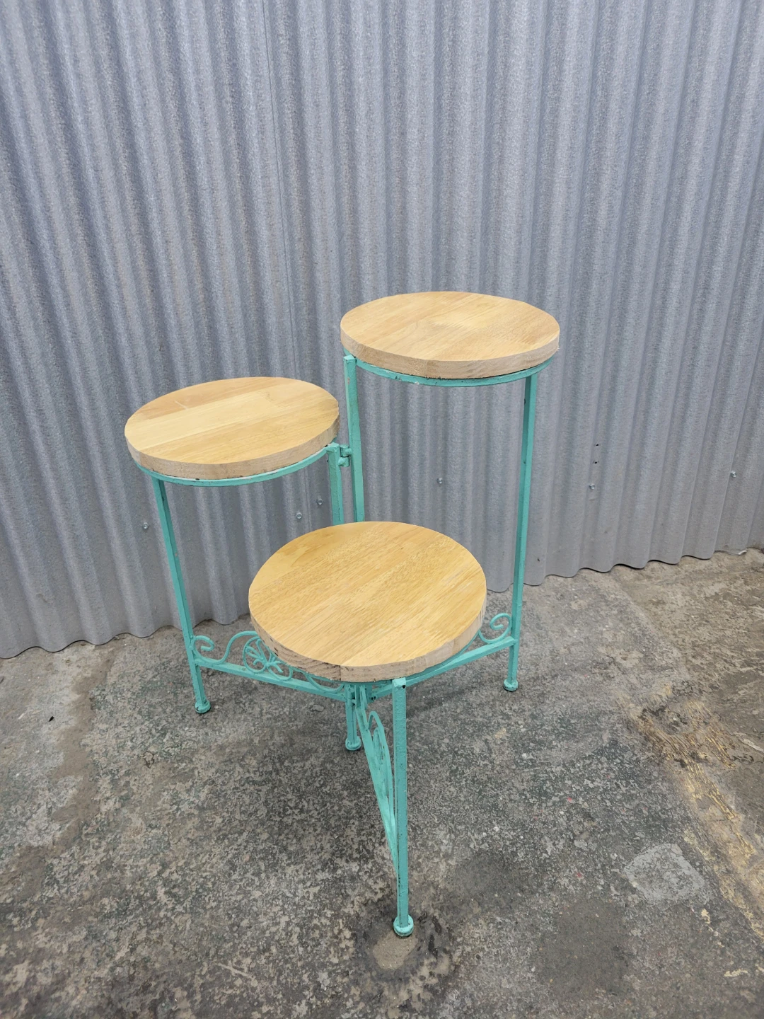 Turquoise Metal and Wood Tiered Plant Stand